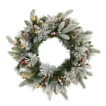 20 Flocked Mixed Pine Artificial Christmas Wreath with 50 LED Lights Pine Cones and Berries - SKU #W1129