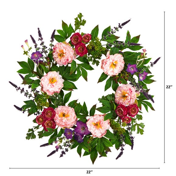 22 Assorted Peony Artificial Wreath - SKU #W1143 - 1