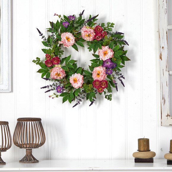 22 Assorted Peony Artificial Wreath - SKU #W1143 - 3