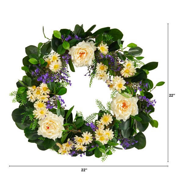 22 Mixed Rose and Daisy Artificial Wreath - SKU #W1157 - 1
