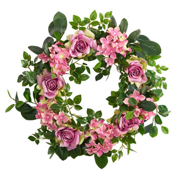 22 Pink Hydrangea and Rose Artificial Wreath - SKU #W1158
