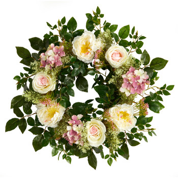 22 Mixed Rose and Hydrangea Artificial Wreath - SKU #W1162