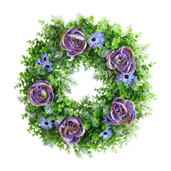 22 Purple Rose Blue Daisy and Greens Artificial Wreath - SKU #W1167