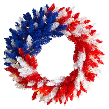 24 Patriotic Red White and Blue Americana Wreath with 35 Warm LED Lights - SKU #W1172