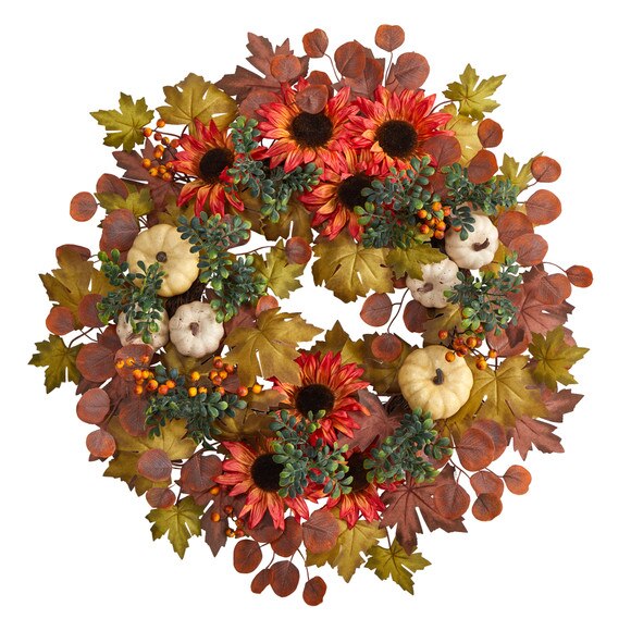 30 Fall Acorn Sunflower Berries and Autumn Foliage Artificial Wreath - SKU #W1179