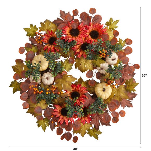 30 Fall Acorn Sunflower Berries and Autumn Foliage Artificial Wreath - SKU #W1179 - 1