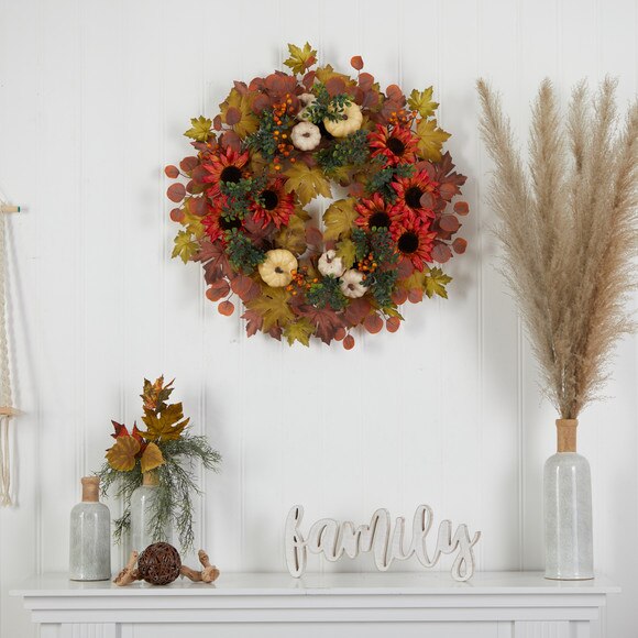30 Fall Acorn Sunflower Berries and Autumn Foliage Artificial Wreath - SKU #W1179 - 2