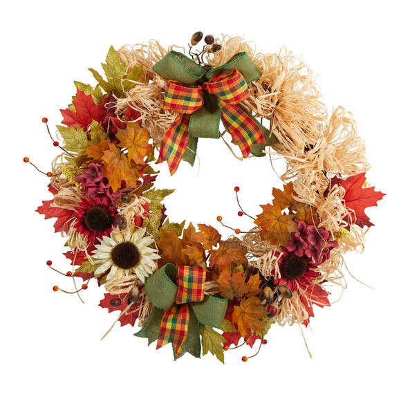 30 Harvest Autumn Sunflower Maple Leaves and Berries Artificial Fall Wreath with Decorative Bows - SKU #W1180