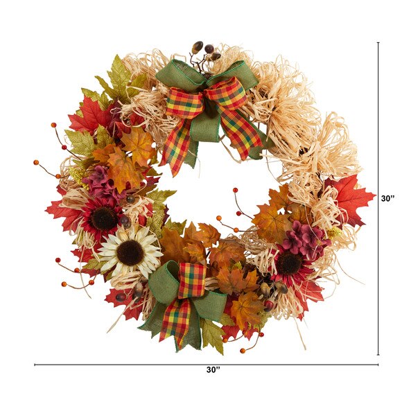 30 Harvest Autumn Sunflower Maple Leaves and Berries Artificial Fall Wreath with Decorative Bows - SKU #W1180 - 1
