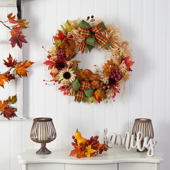 30 Harvest Autumn Sunflower Maple Leaves and Berries Artificial Fall Wreath with Decorative Bows - SKU #W1180 - 2