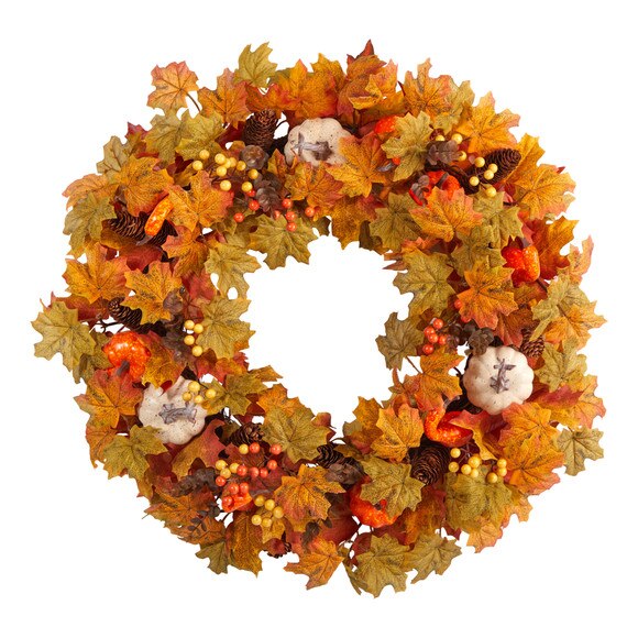 30 Autumn Pumpkin and Maple Leaf Artificial Fall Wreath - SKU #W1182