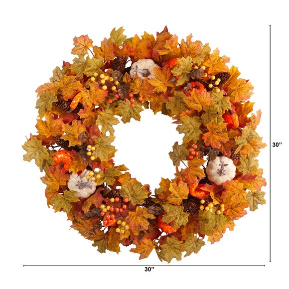 30 Autumn Pumpkin and Maple Leaf Artificial Fall Wreath - SKU #W1182 - 1
