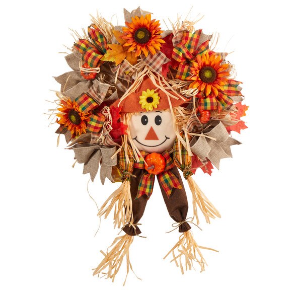 30 Scarecrow Fall Artificial Autumn Wreath with Sunflower Pumpkin and Decorative Bows - SKU #W1192