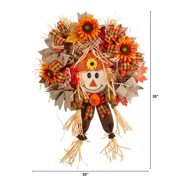 30 Scarecrow Fall Artificial Autumn Wreath with Sunflower Pumpkin and Decorative Bows - SKU #W1192 - 1