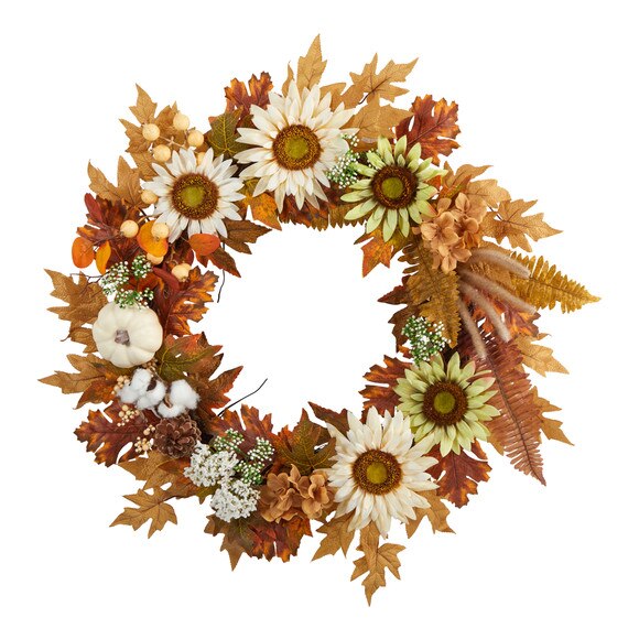 30 Autumn Sunflower White Pumpkin and Berries Artificial Fall Wreath - SKU #W1193