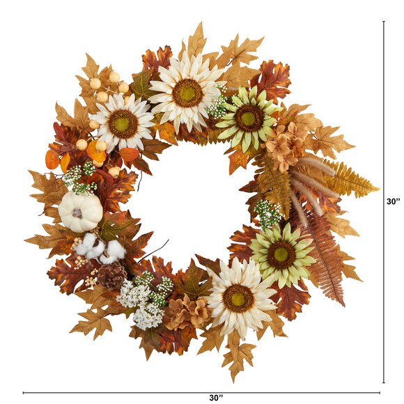30 Autumn Sunflower White Pumpkin and Berries Artificial Fall Wreath - SKU #W1193 - 1