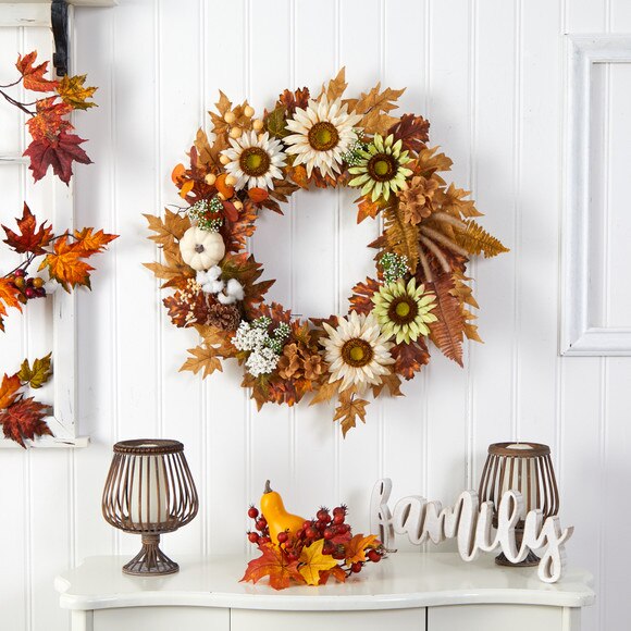 30 Autumn Sunflower White Pumpkin and Berries Artificial Fall Wreath - SKU #W1193 - 2