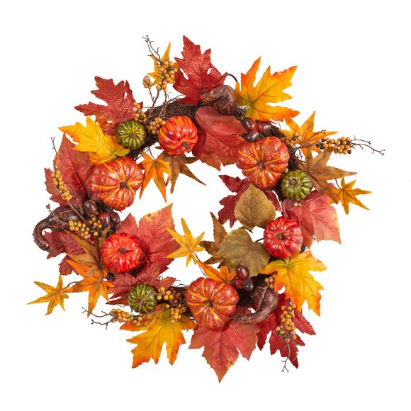 24 Autumn Pumpkin and Berries Artificial Fall Wreath - SKU #W1219