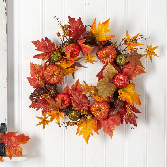 24 Autumn Pumpkin and Berries Artificial Fall Wreath - SKU #W1219 - 2