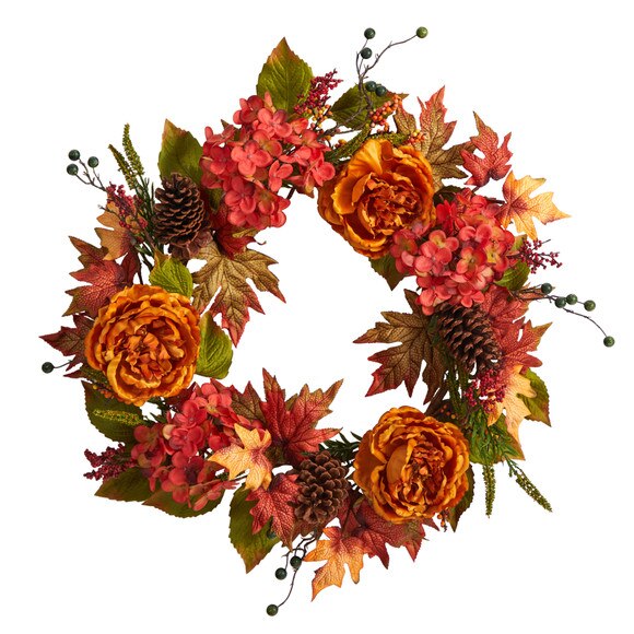 25 Fall Ranunculus Hydrangea and Berries Autumn Artificial Wreath - SKU #W1229