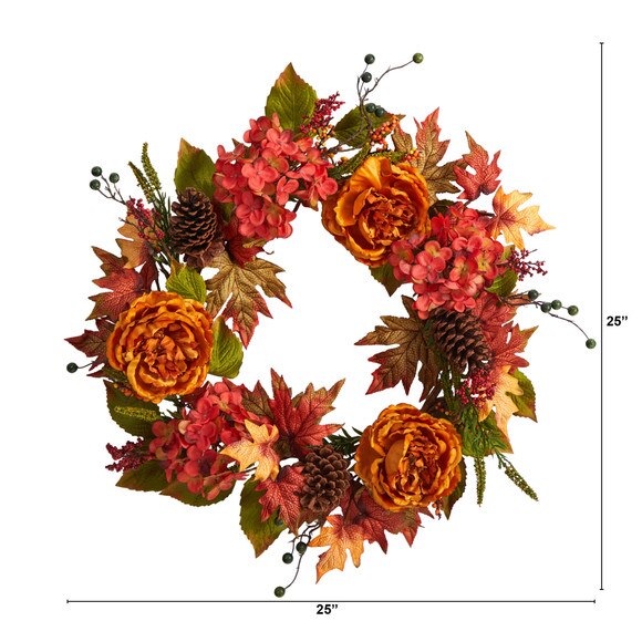 25 Fall Ranunculus Hydrangea and Berries Autumn Artificial Wreath - SKU #W1229 - 1