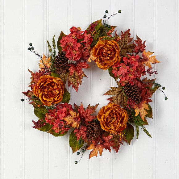 25 Fall Ranunculus Hydrangea and Berries Autumn Artificial Wreath - SKU #W1229 - 2