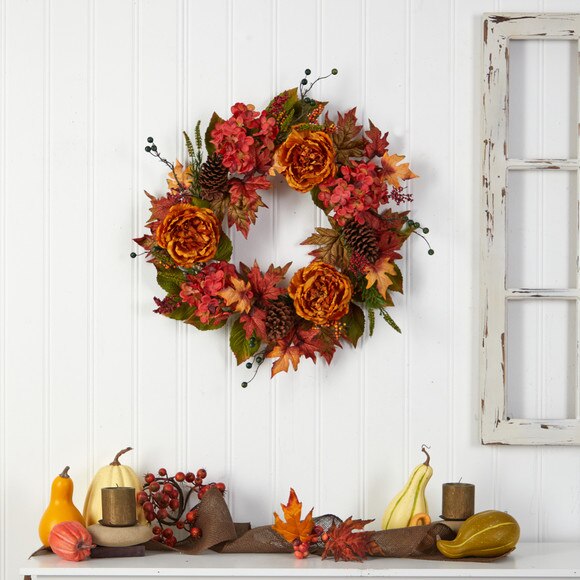 25 Fall Ranunculus Hydrangea and Berries Autumn Artificial Wreath - SKU #W1229 - 3