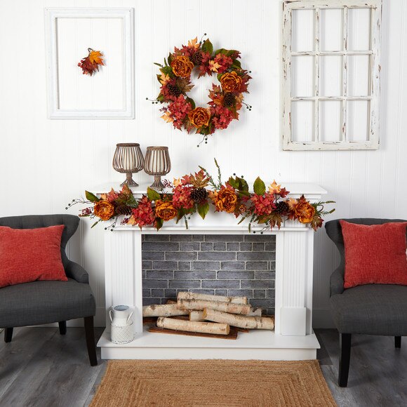 6 Fall Ranunculus Hydrangea and Berries Autumn Artificial Garland - SKU #W1230 - 3