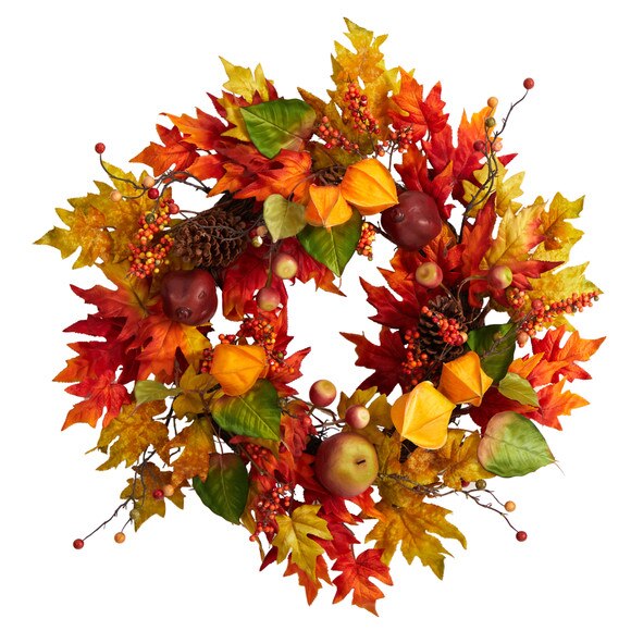 24 Autumn Maple Leaf and Berries Fall Artificial Wreath - SKU #W1232