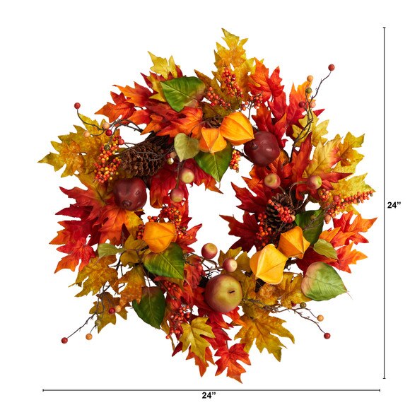24 Autumn Maple Leaf and Berries Fall Artificial Wreath - SKU #W1232 - 1