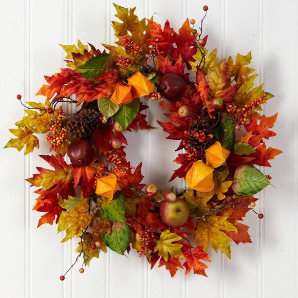 24 Autumn Maple Leaf and Berries Fall Artificial Wreath - SKU #W1232 - 2