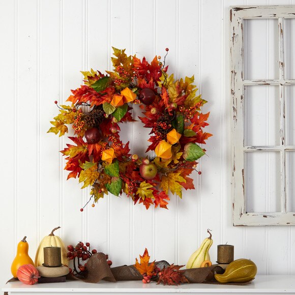 24 Autumn Maple Leaf and Berries Fall Artificial Wreath - SKU #W1232 - 3