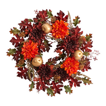 24 Fall Dahlia Golden Apple Oak Leaf and Berries Autumn Artificial Wreath - SKU #W1238