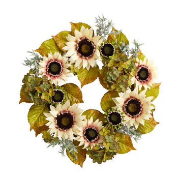24 White Sunflower and Hydrangea Artificial Autumn Wreath - SKU #W1243
