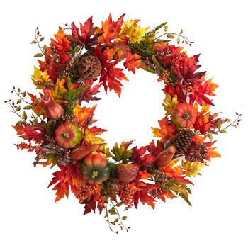 32 Autumn Maple Leaf Pumpkin and Berries Artificial Fall Wreath - SKU #W1246