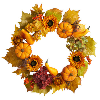 22 Autumn Hydrangea Pumpkin and Sunflower Artificial Fall Wreath - SKU #W1259