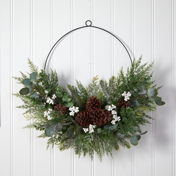 28 Christmas Pine Eucalyptus and Berries Metal Circlet Artificial Wreath - SKU #W1269 - 2