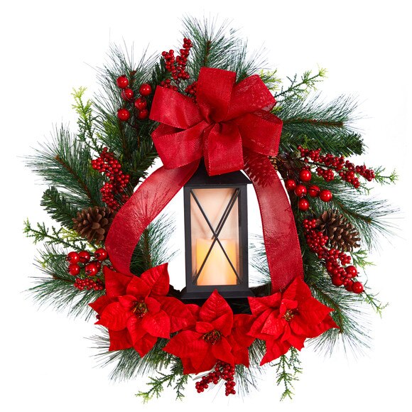 28 Poinsettia and Berry Holiday Lantern Christmas Wreath with LED Candle - SKU #W1272