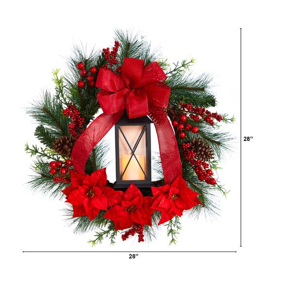 28 Poinsettia and Berry Holiday Lantern Christmas Wreath with LED Candle - SKU #W1272 - 1