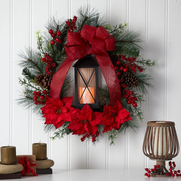 28 Poinsettia and Berry Holiday Lantern Christmas Wreath with LED Candle - SKU #W1272 - 2