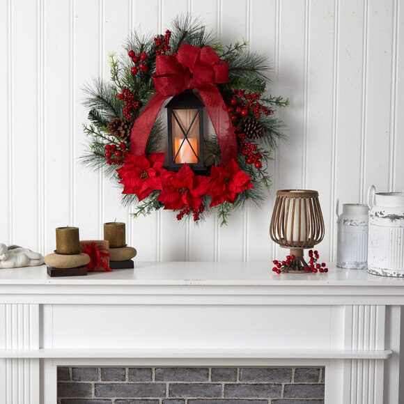 28 Poinsettia and Berry Holiday Lantern Christmas Wreath with LED Candle - SKU #W1272 - 3