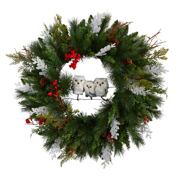 24 Holiday Winter Owl Family Pinecone Berry Christmas Artificial Wreath - SKU #W1277