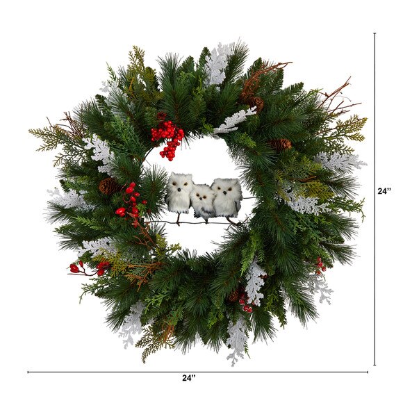 24 Holiday Winter Owl Family Pinecone Berry Christmas Artificial Wreath - SKU #W1277 - 1