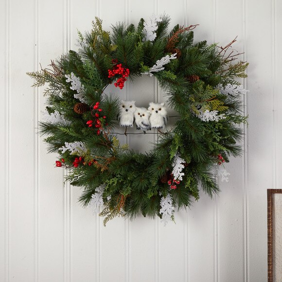 24 Holiday Winter Owl Family Pinecone Berry Christmas Artificial Wreath - SKU #W1277 - 2