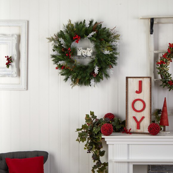24 Holiday Winter Owl Family Pinecone Berry Christmas Artificial Wreath - SKU #W1277 - 3
