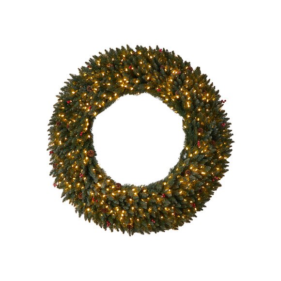 5 Large Flocked Wreath with Pinecones Berries 400 Clear LED Lights and 820 Bendable Branches - SKU #W1287