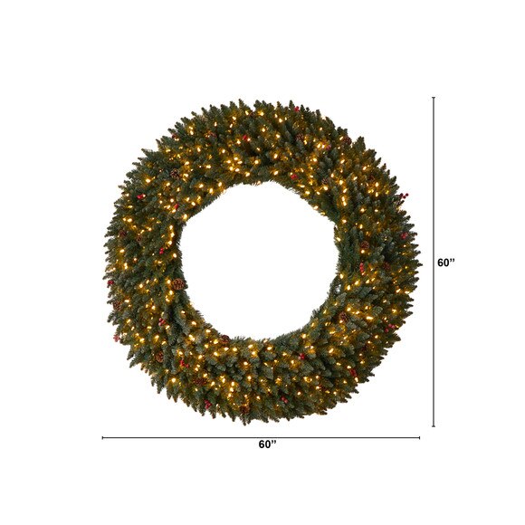 5 Large Flocked Wreath with Pinecones Berries 400 Clear LED Lights and 820 Bendable Branches - SKU #W1287 - 1