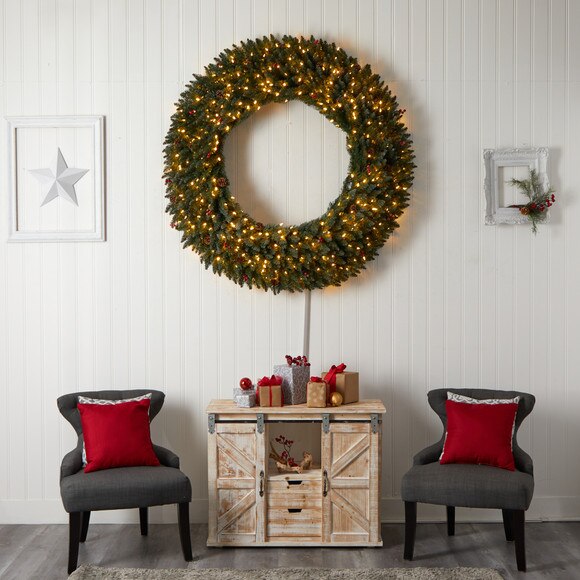 5 Large Flocked Wreath with Pinecones Berries 400 Clear LED Lights and 820 Bendable Branches - SKU #W1287 - 5