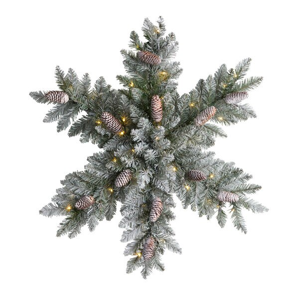 30 Pre-Lit Flocked Snowflake Artificial Dunhill Fir Wreath with Pinecones and 40 LED Lights - SKU #W1291