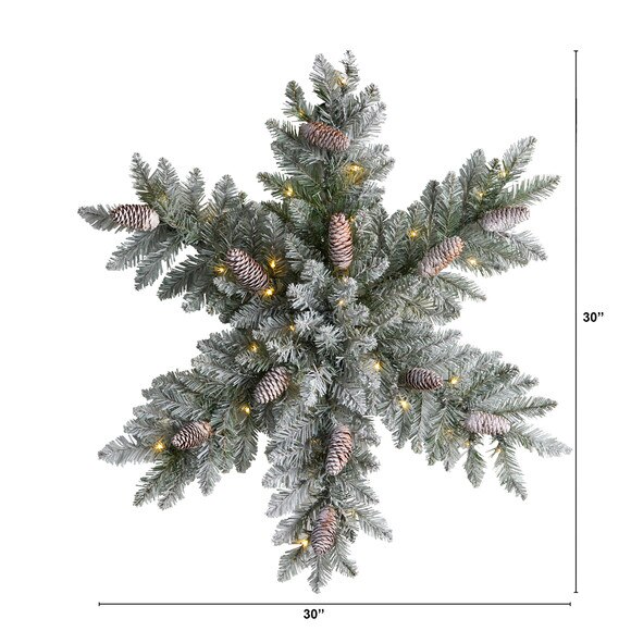 30 Pre-Lit Flocked Snowflake Artificial Dunhill Fir Wreath with Pinecones and 40 LED Lights - SKU #W1291 - 1